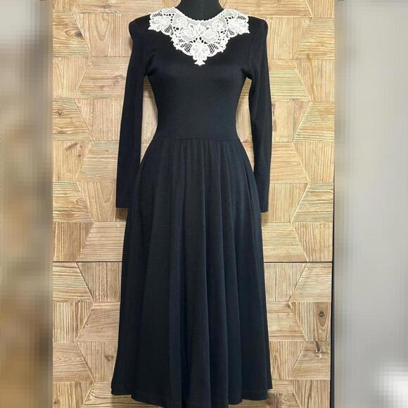 90s Dark Academia Dress Black Long Sleeve Lace Collar Size 4 Retro Librarian - Picture 6 of 9